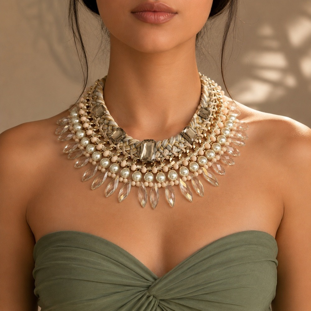 OTTAVIANI BIJOUX Italy Statement Bib Necklace Champagne Crystal Faux Pearl Gold